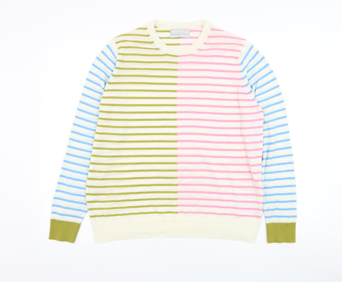 Marks and Spencer Womens White Round Neck Striped Wool Pullover Jumper Size 16