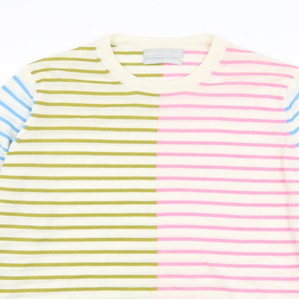 Marks and Spencer Womens White Round Neck Striped Wool Pullover Jumper Size 16