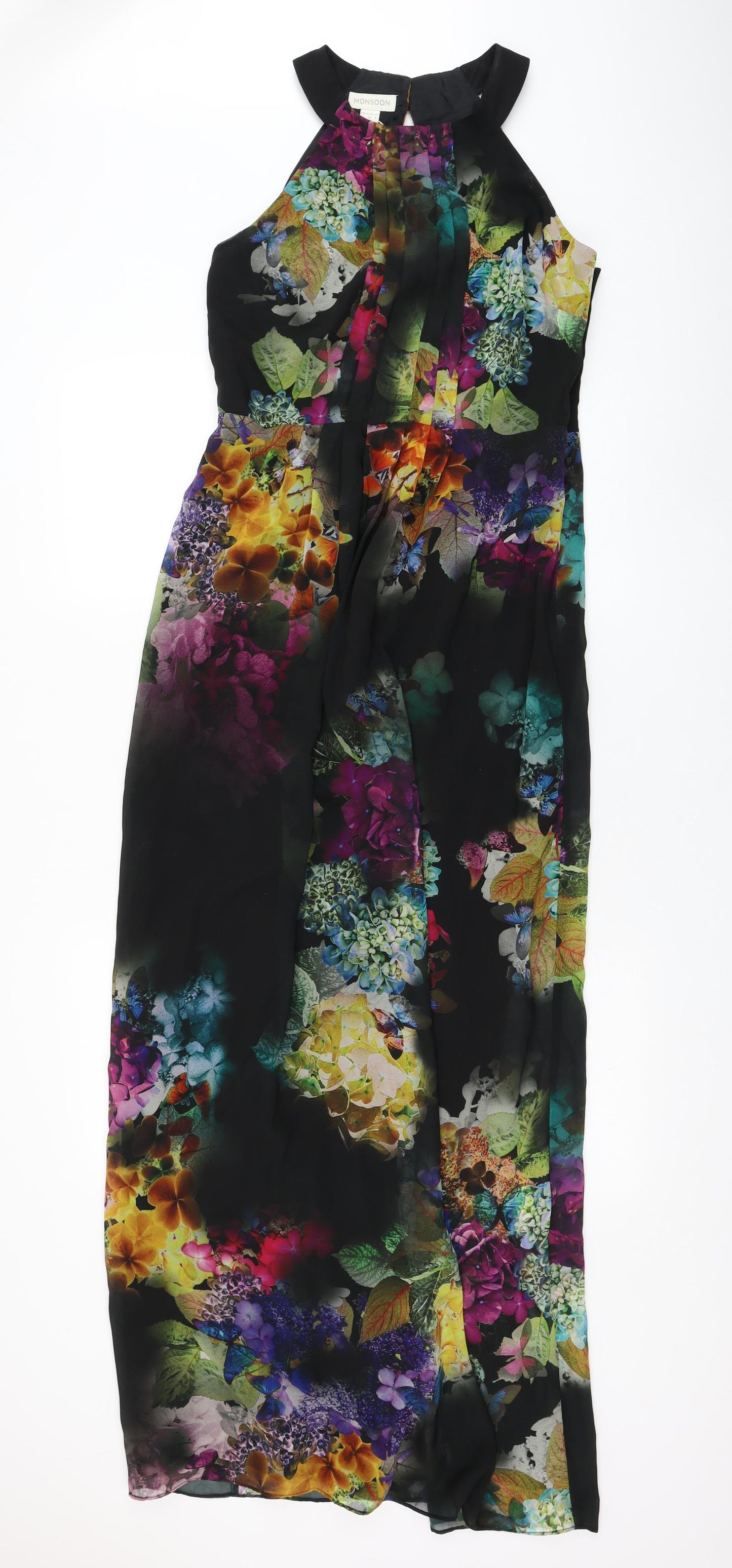 Monsoon Womens Black Floral Polyester Maxi  Size 12  Round Neck Zip