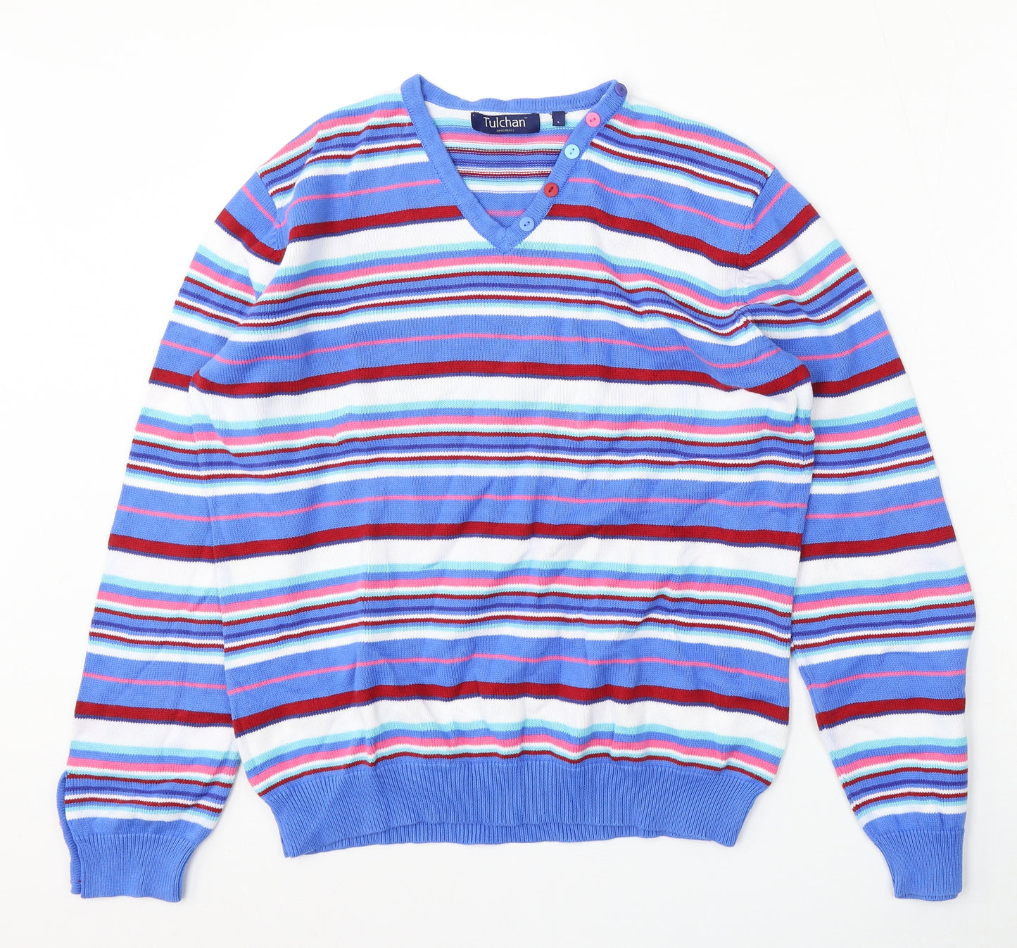 Tulchan Womens Multicoloured V-Neck Striped Cotton Pullover Jumper Size L