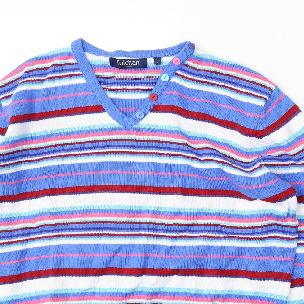 Tulchan Womens Multicoloured V-Neck Striped Cotton Pullover Jumper Size L