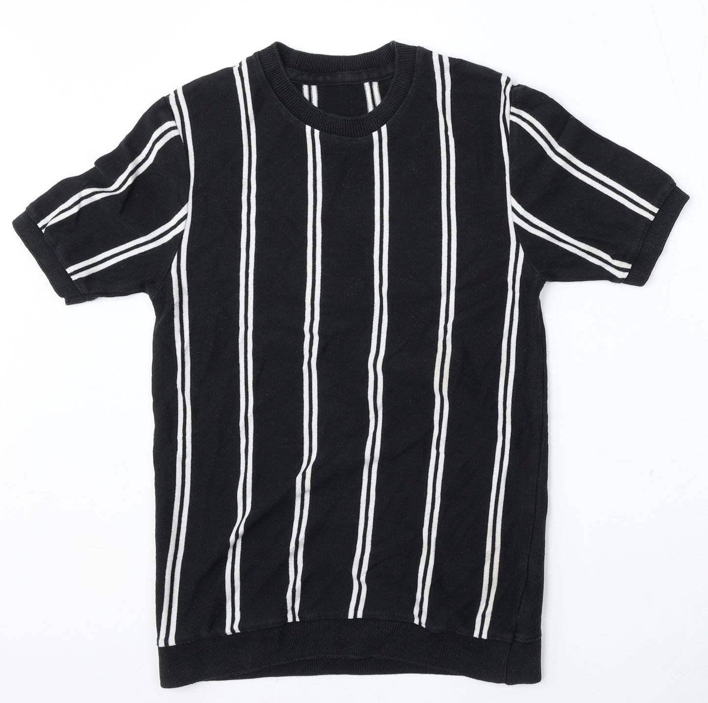Topman Mens Black Round Neck Striped Cotton Pullover Jumper Size S