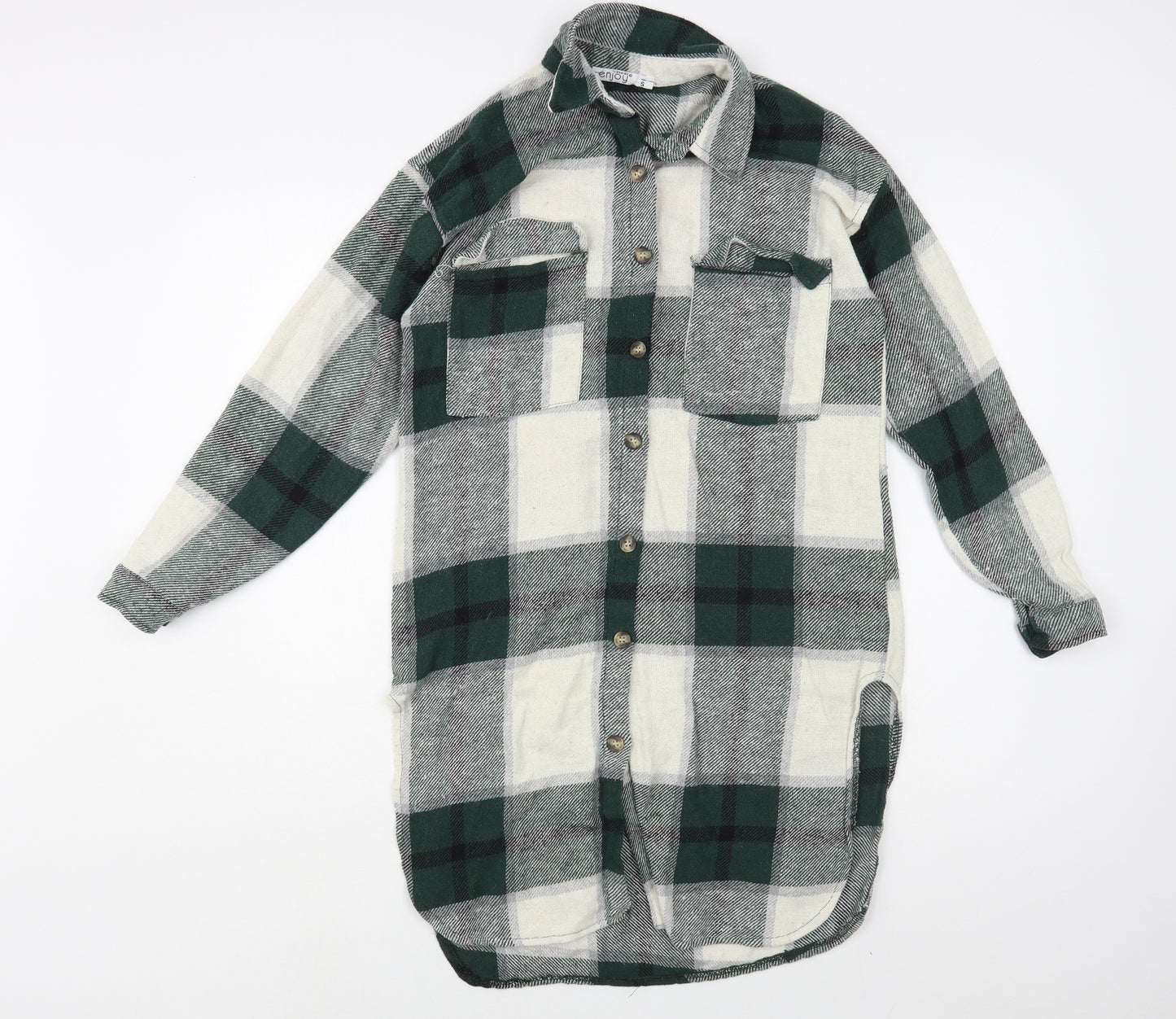 Enjoy Womens Green Plaid Cotton Tunic Button-Up Size S Collared