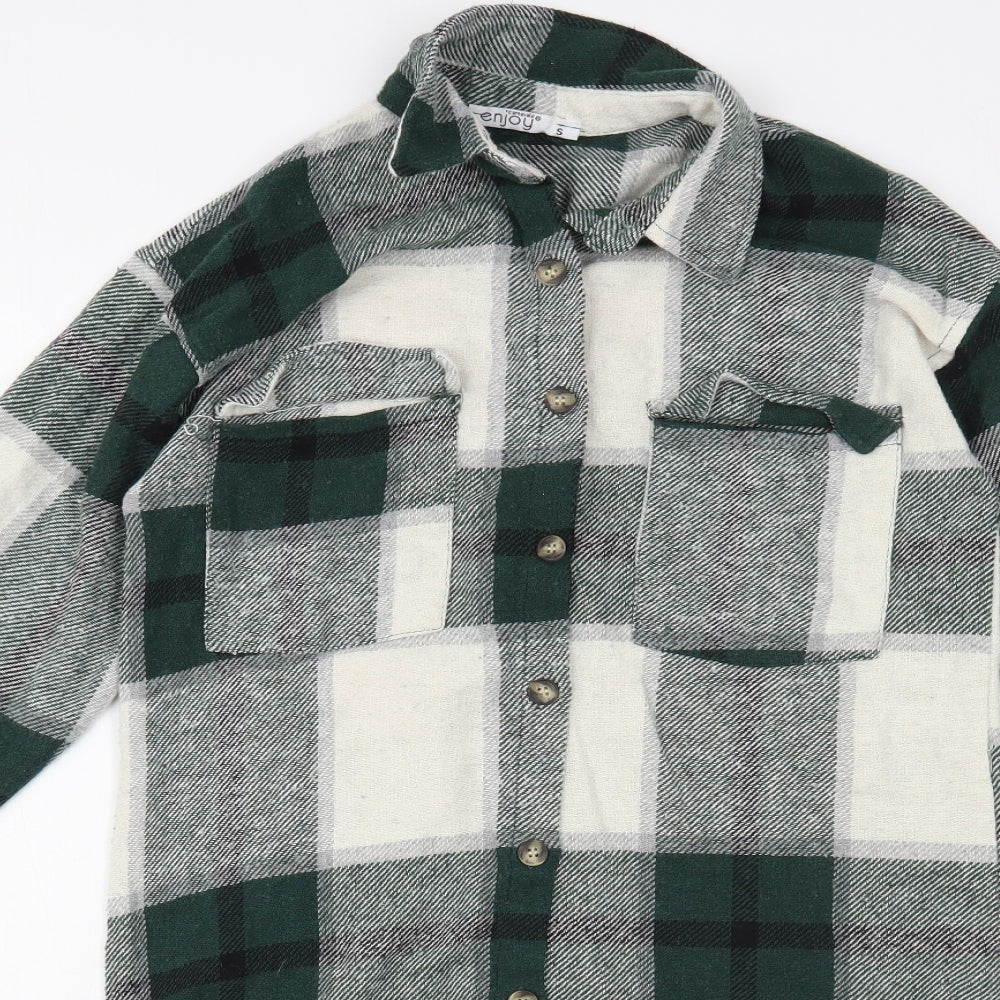 Enjoy Womens Green Plaid Cotton Tunic Button-Up Size S Collared