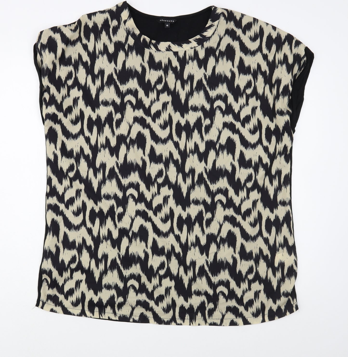 Peacocks Womens Black Animal Print Polyester Basic Blouse Size 16 Boat Neck
