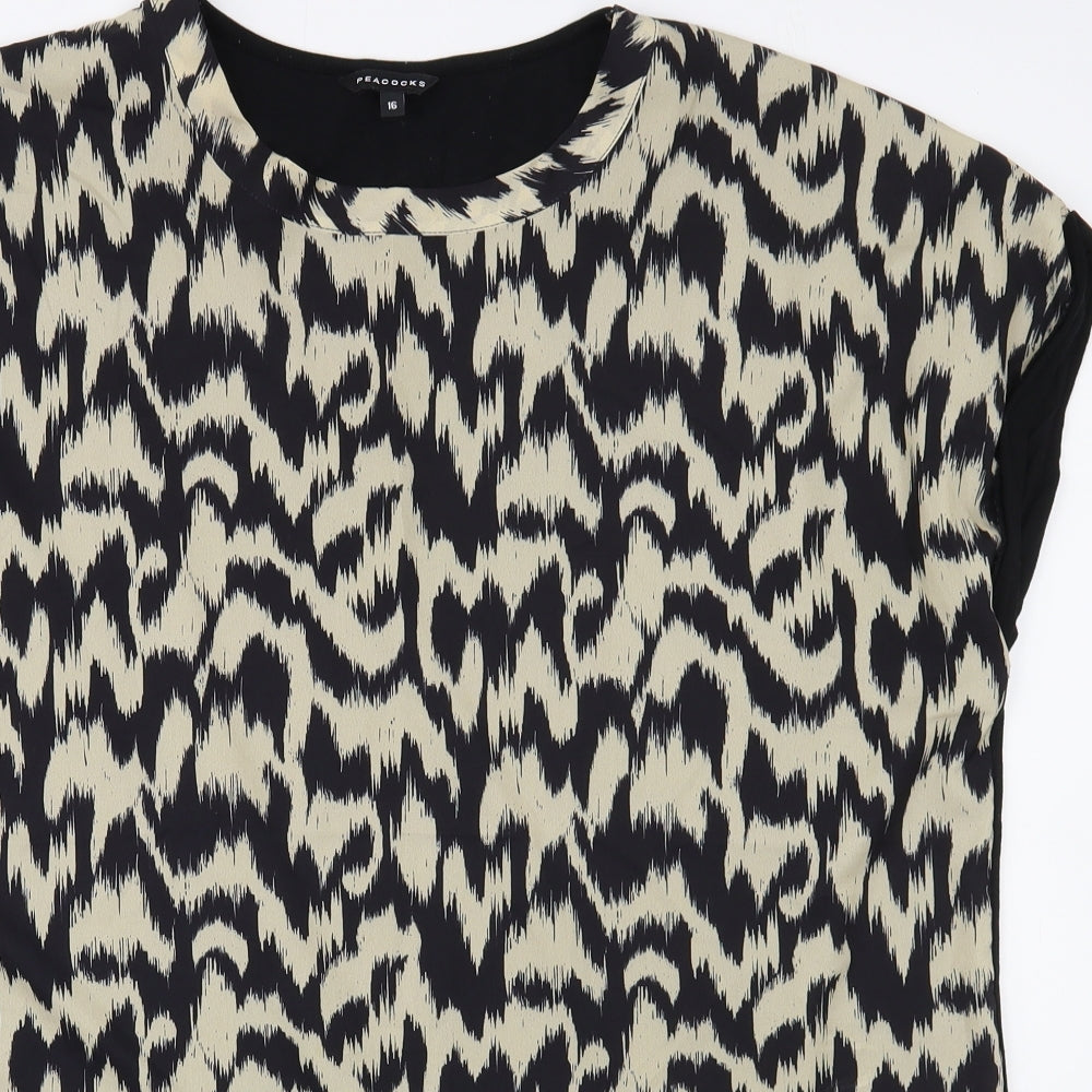 Peacocks Womens Black Animal Print Polyester Basic Blouse Size 16 Boat Neck