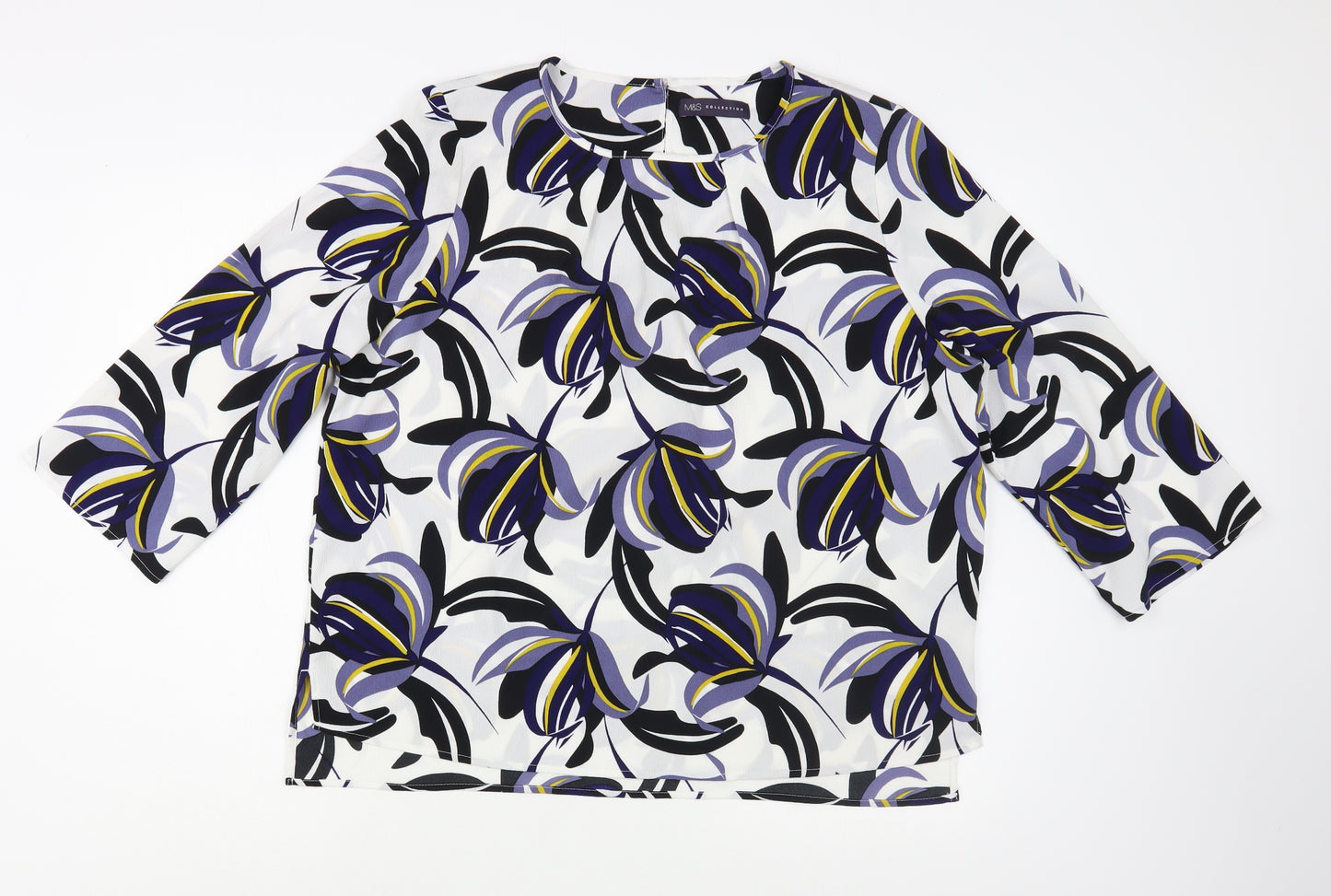 Marks and Spencer Womens White Floral Polyester Basic Blouse Size 16 Boat Neck