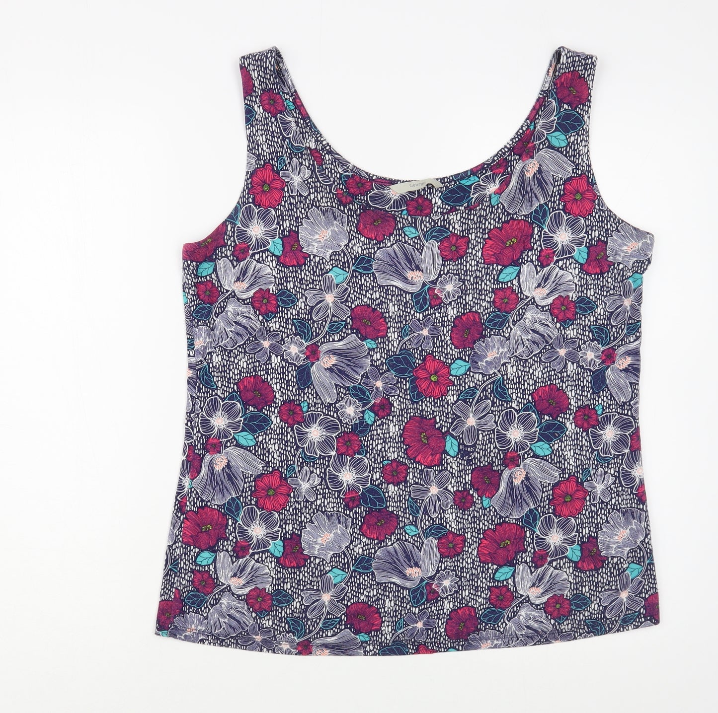 George Womens Blue Floral Polyester Basic Tank Size L Round Neck