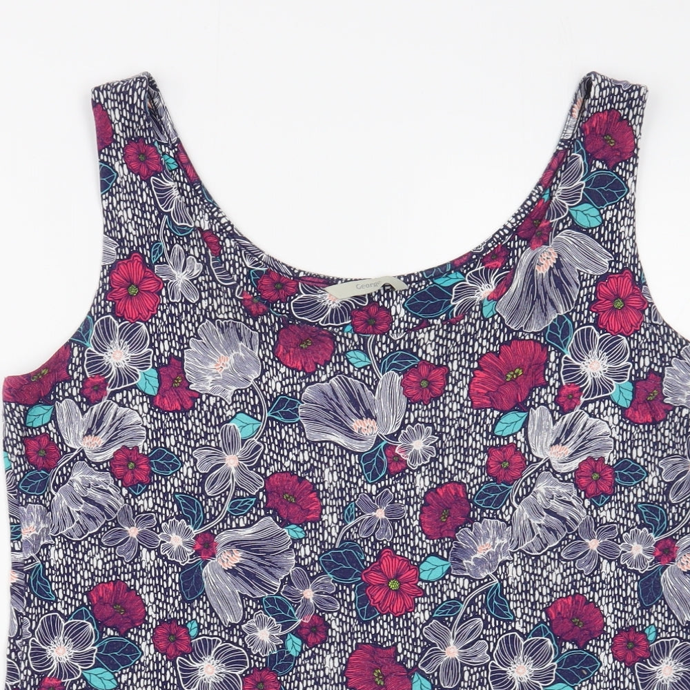 George Womens Blue Floral Polyester Basic Tank Size L Round Neck