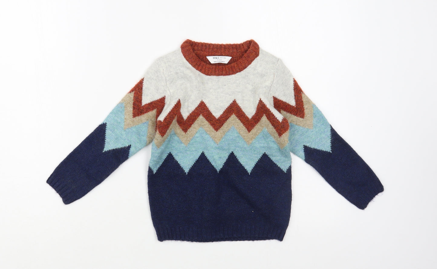 Marks and Spencer Boys Multicoloured Crew Neck Geometric Acrylic Pullover Jumper Size 2-3 Years  Pullover
