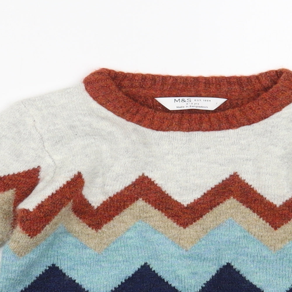 Marks and Spencer Boys Multicoloured Crew Neck Geometric Acrylic Pullover Jumper Size 2-3 Years  Pullover