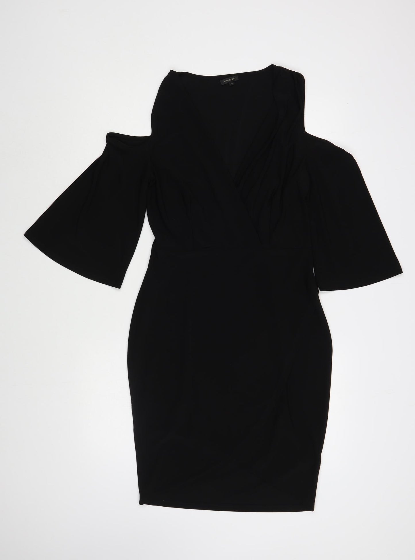 River Island Womens Black  Polyester Pencil Dress  Size 12  V-Neck Pullover - Cold Shoulder