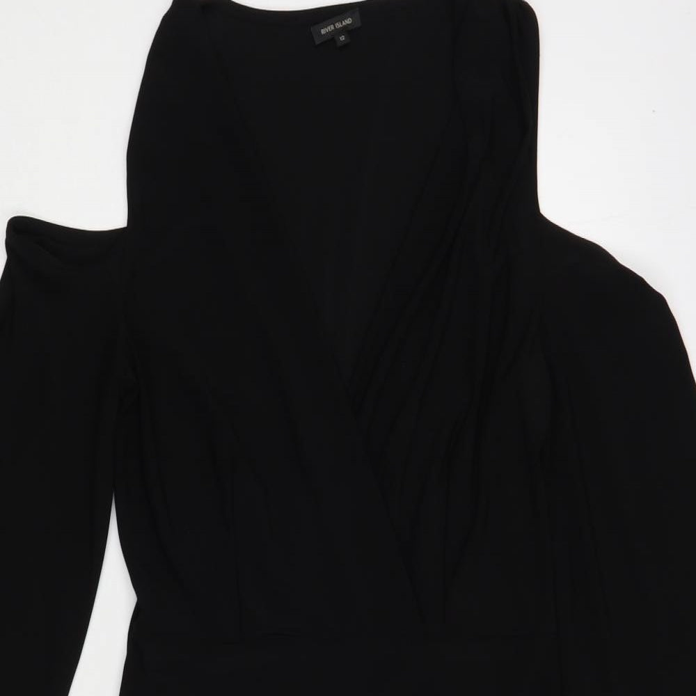River Island Womens Black  Polyester Pencil Dress  Size 12  V-Neck Pullover - Cold Shoulder