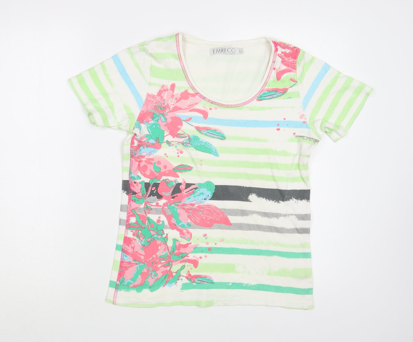 Emreco Womens White Striped Cotton Basic T-Shirt Size 12 Scoop Neck