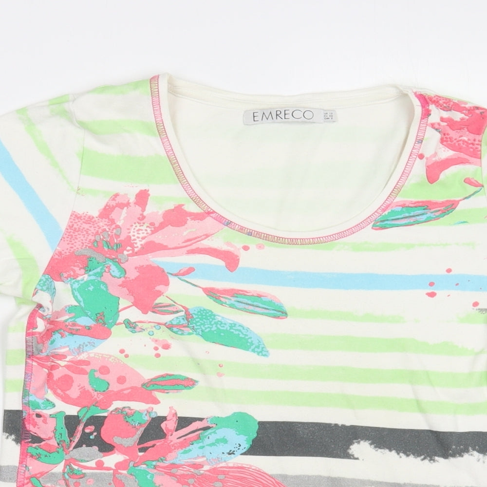 Emreco Womens White Striped Cotton Basic T-Shirt Size 12 Scoop Neck
