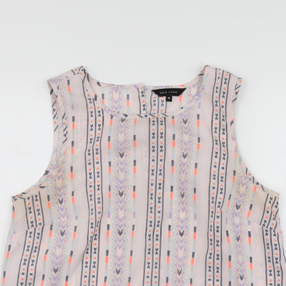 New Look Womens Pink Geometric Polyester Basic T-Shirt Size 14 Round Neck