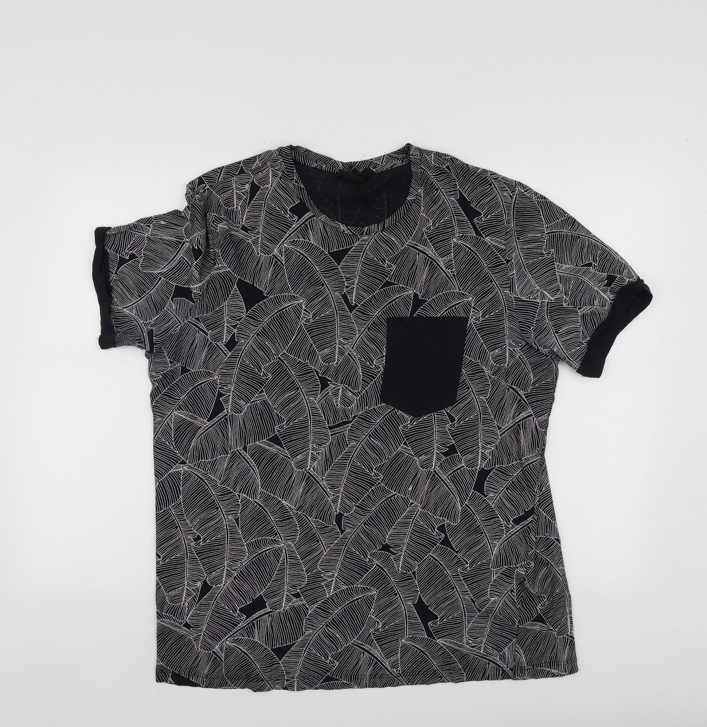 H&M Mens Blue Geometric Cotton  T-Shirt Size L Round Neck