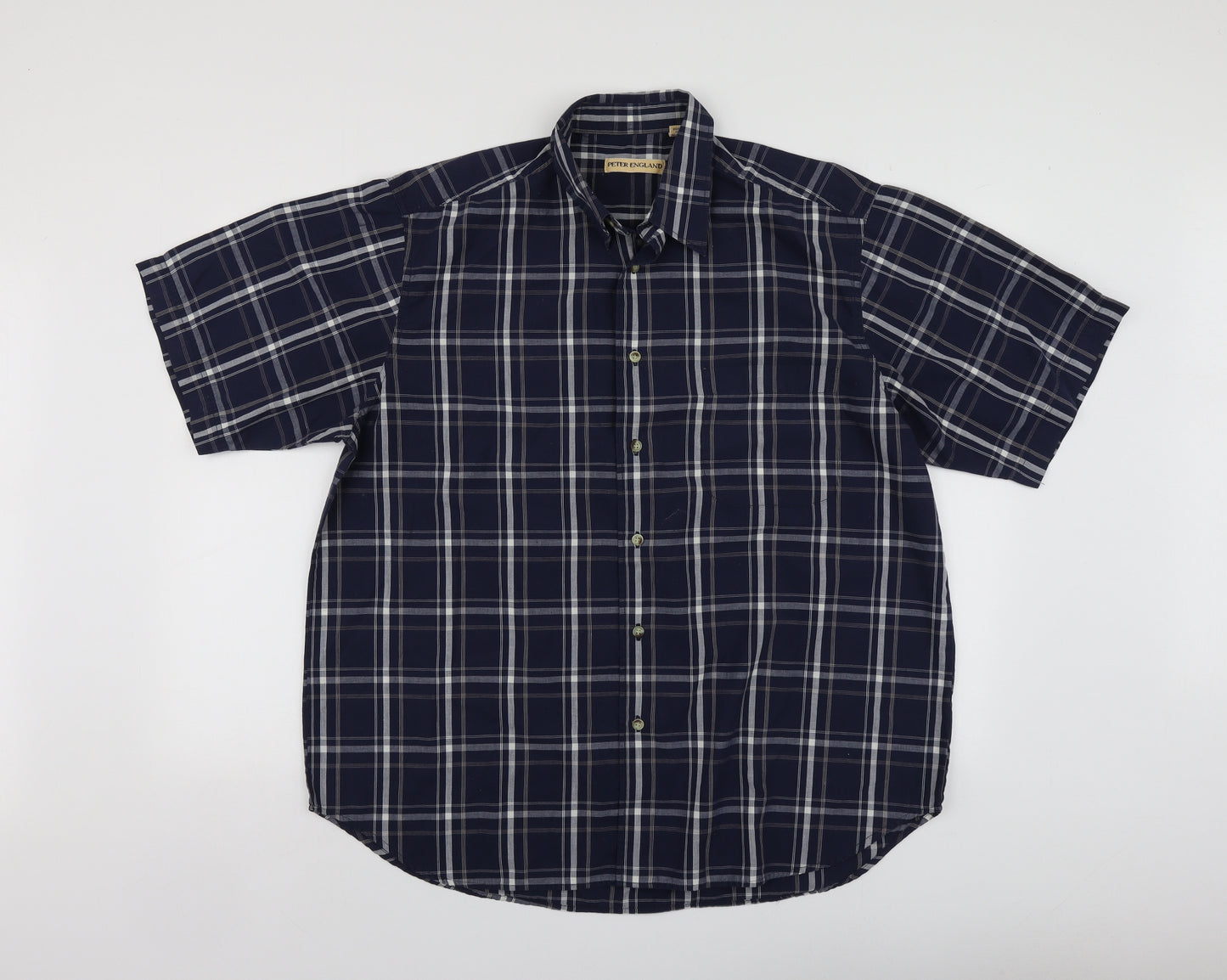 Peter England Mens Blue Plaid Cotton  Button-Up Size L Collared