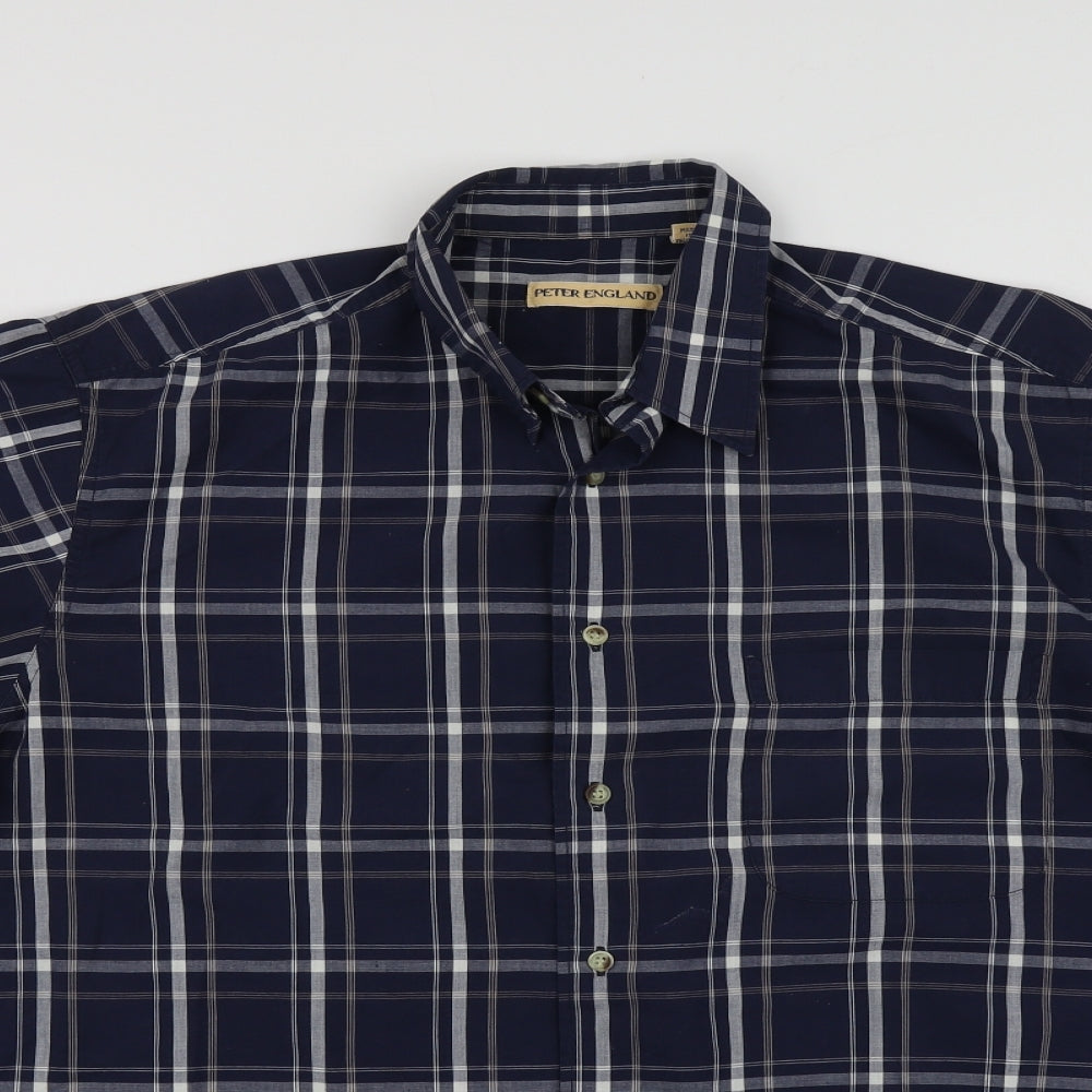 Peter England Mens Blue Plaid Cotton  Button-Up Size L Collared