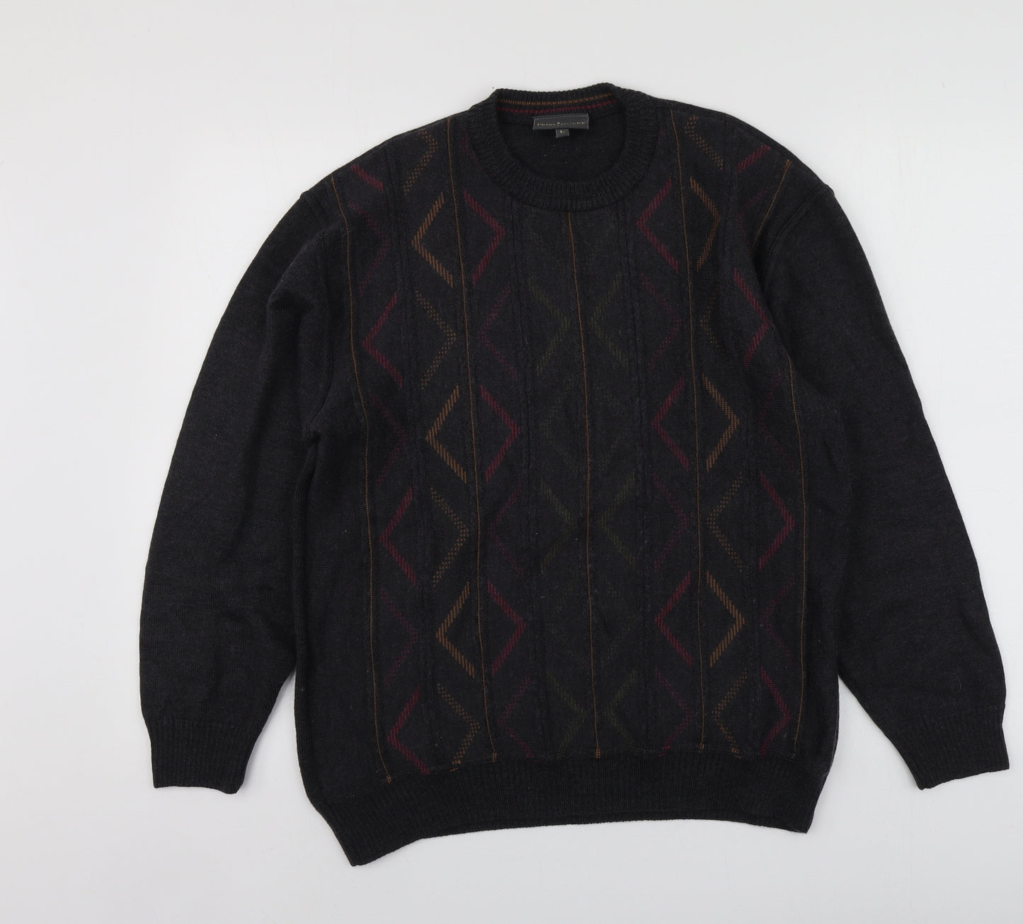 Petter Gribby Mens Grey Round Neck Geometric Wool Pullover Jumper Size L