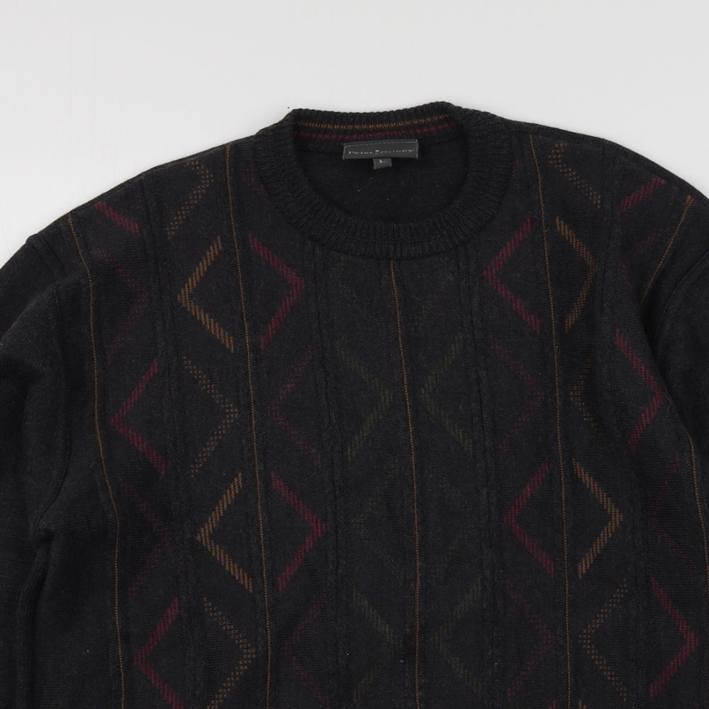 Petter Gribby Mens Grey Round Neck Geometric Wool Pullover Jumper Size L