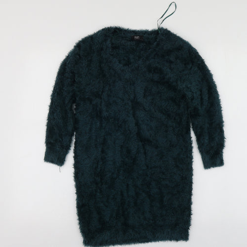 F&F Womens Green V-Neck  Nylon Pullover Jumper Size 8