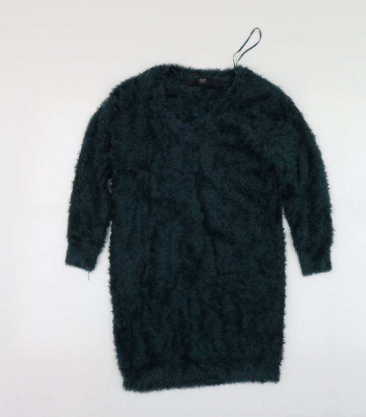 F&F Womens Green V-Neck  Nylon Pullover Jumper Size 8