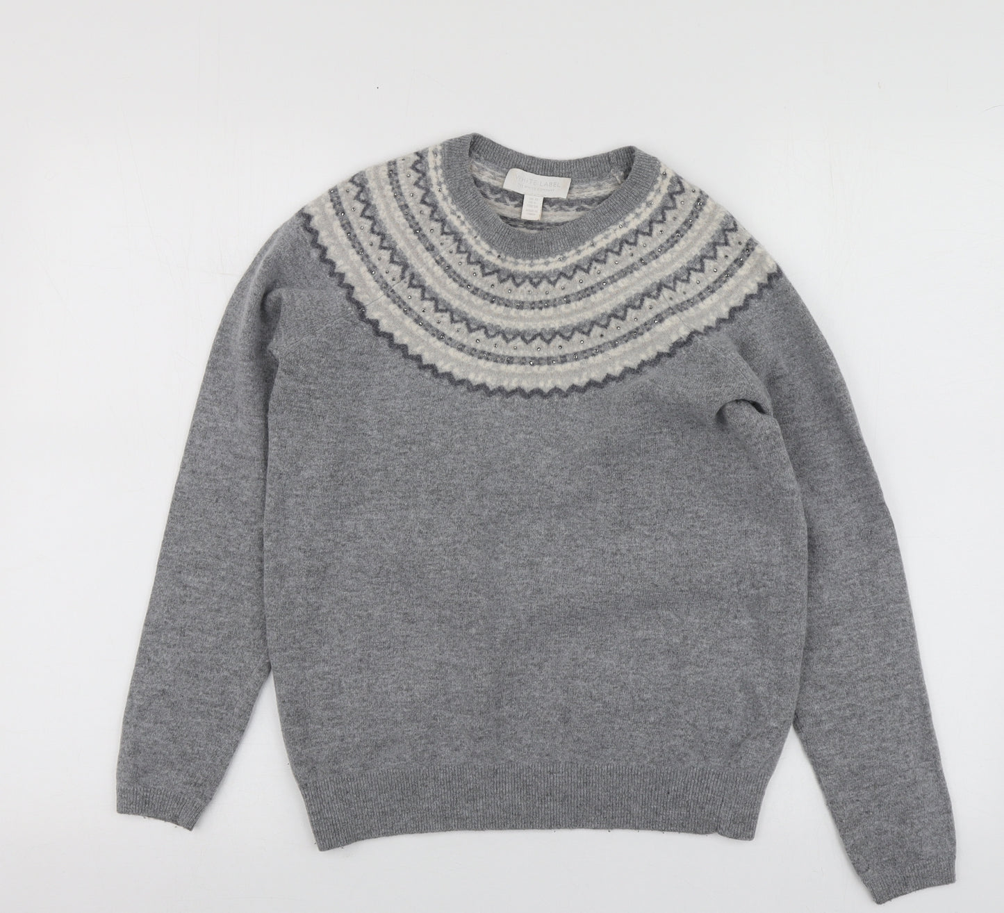 White Label Womens Grey Round Neck Geometric Wool Pullover Jumper Size 10