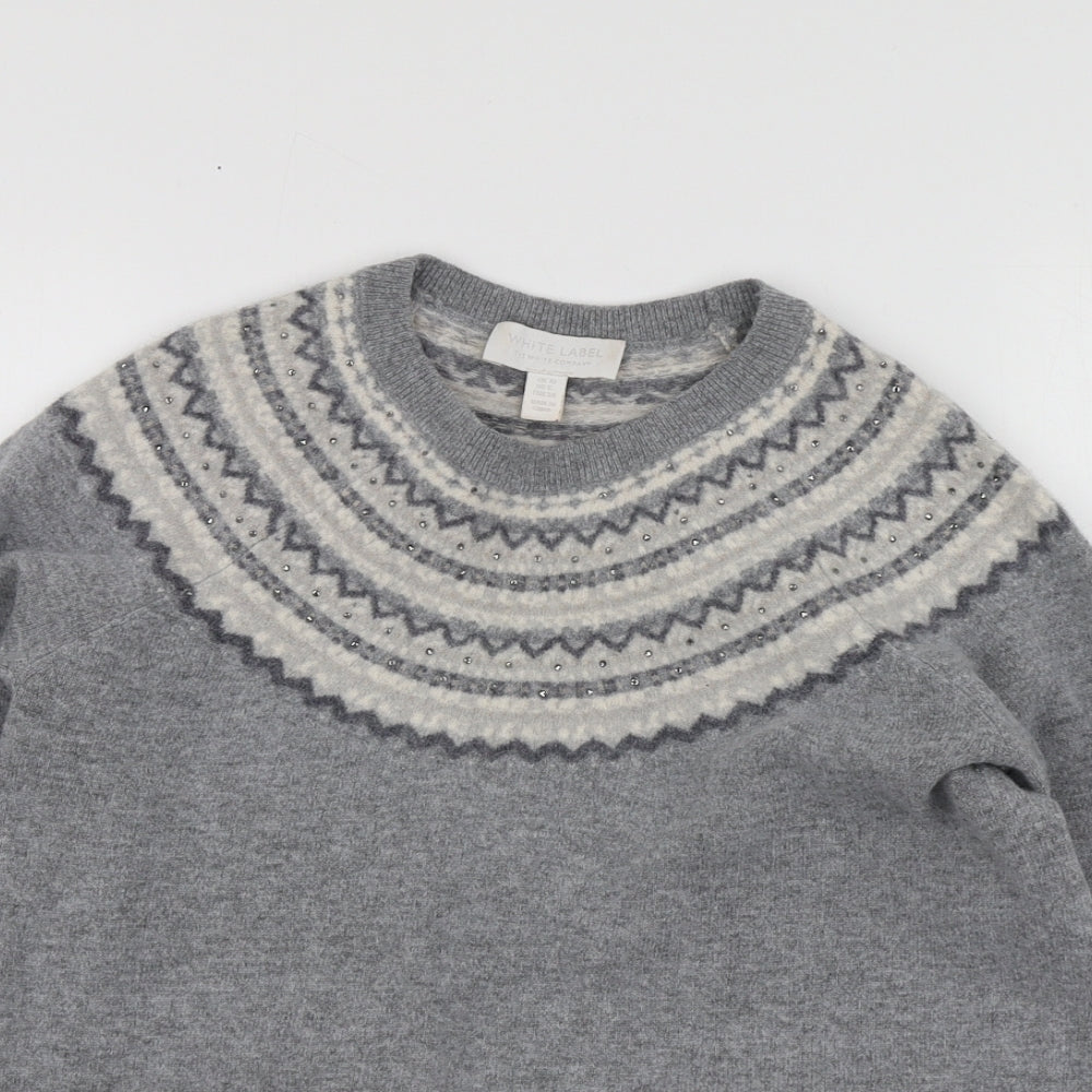 White Label Womens Grey Round Neck Geometric Wool Pullover Jumper Size 10