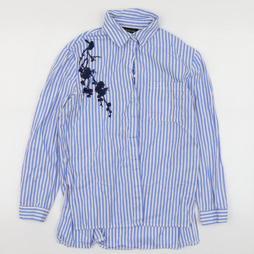 Parisian Womens Blue Striped Cotton Basic Button-Up Size 8 Collared