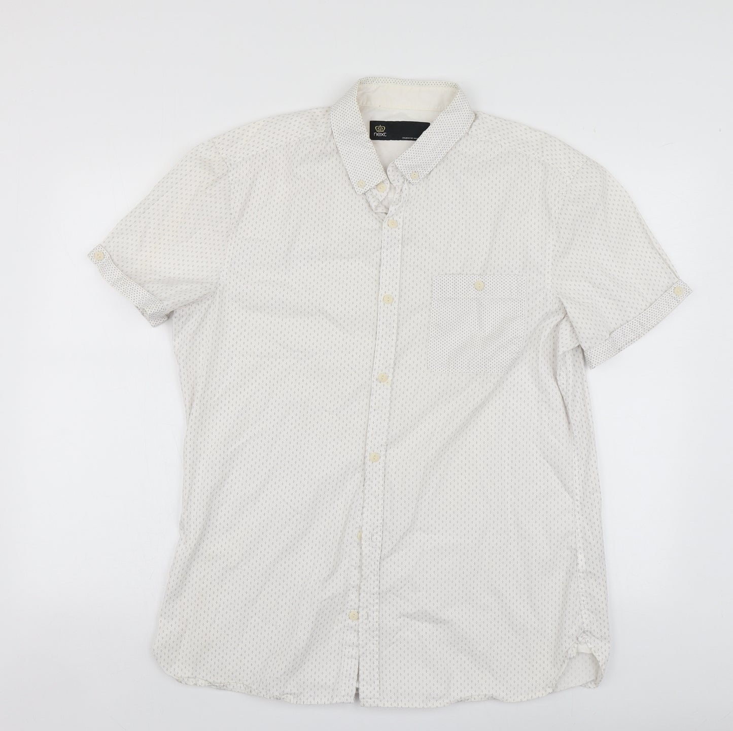 NEXT Mens White Geometric Cotton  Button-Up Size L Collared