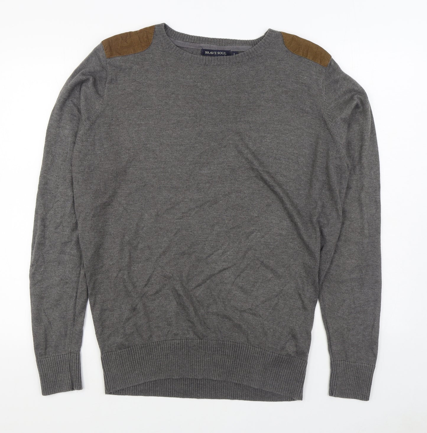 Brave Soul Mens Grey Round Neck  Acrylic Pullover Jumper Size L