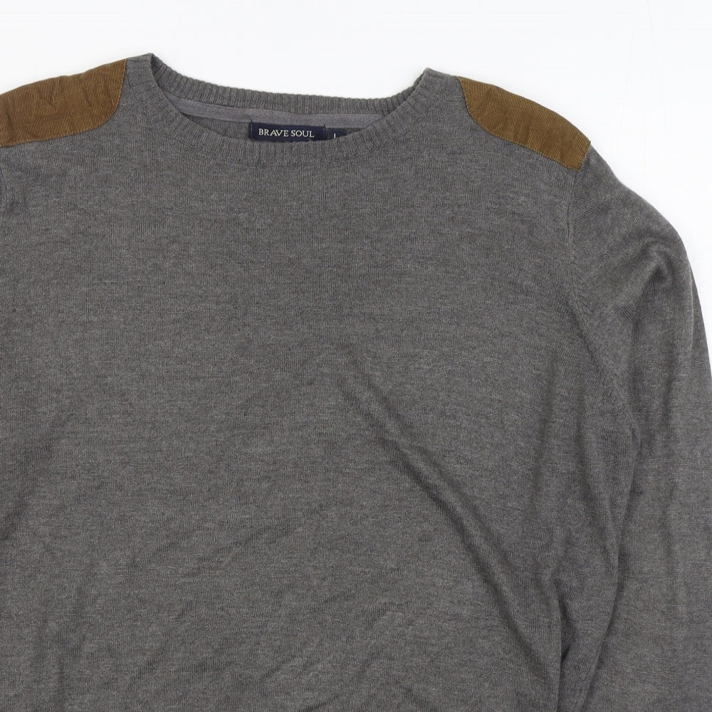 Brave Soul Mens Grey Round Neck  Acrylic Pullover Jumper Size L