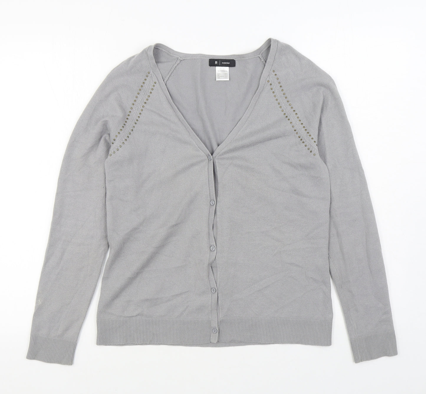R Essential Womens Grey V-Neck  Acrylic Cardigan Jumper Size 10