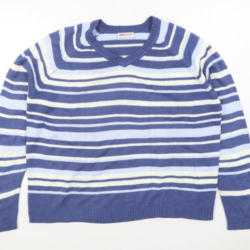 Bonmarché Womens Blue V-Neck Striped Acrylic Pullover Jumper Size L