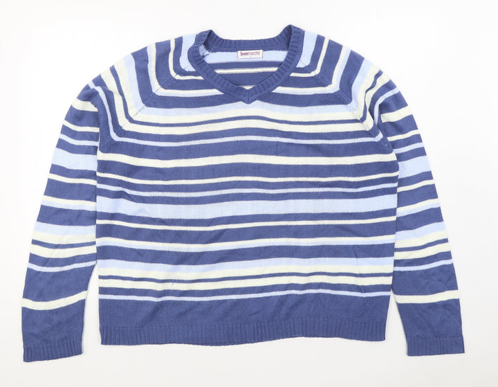 Bonmarché Womens Blue V-Neck Striped Acrylic Pullover Jumper Size L