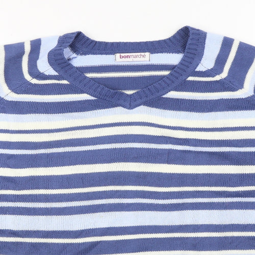 Bonmarché Womens Blue V-Neck Striped Acrylic Pullover Jumper Size L