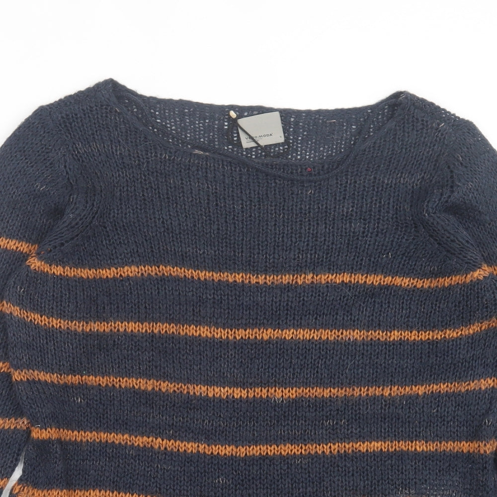 VERO MODA Womens Blue Crew Neck Striped Acrylic Pullover Jumper Size S