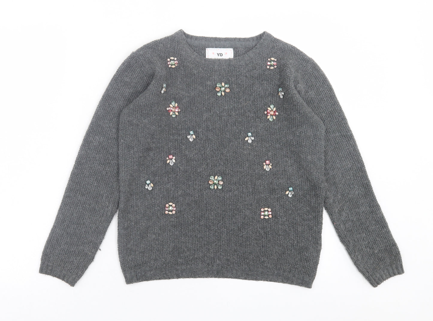 Primark Girls Grey Crew Neck Floral Acrylic Pullover Jumper Size 12-13 Years  Pullover