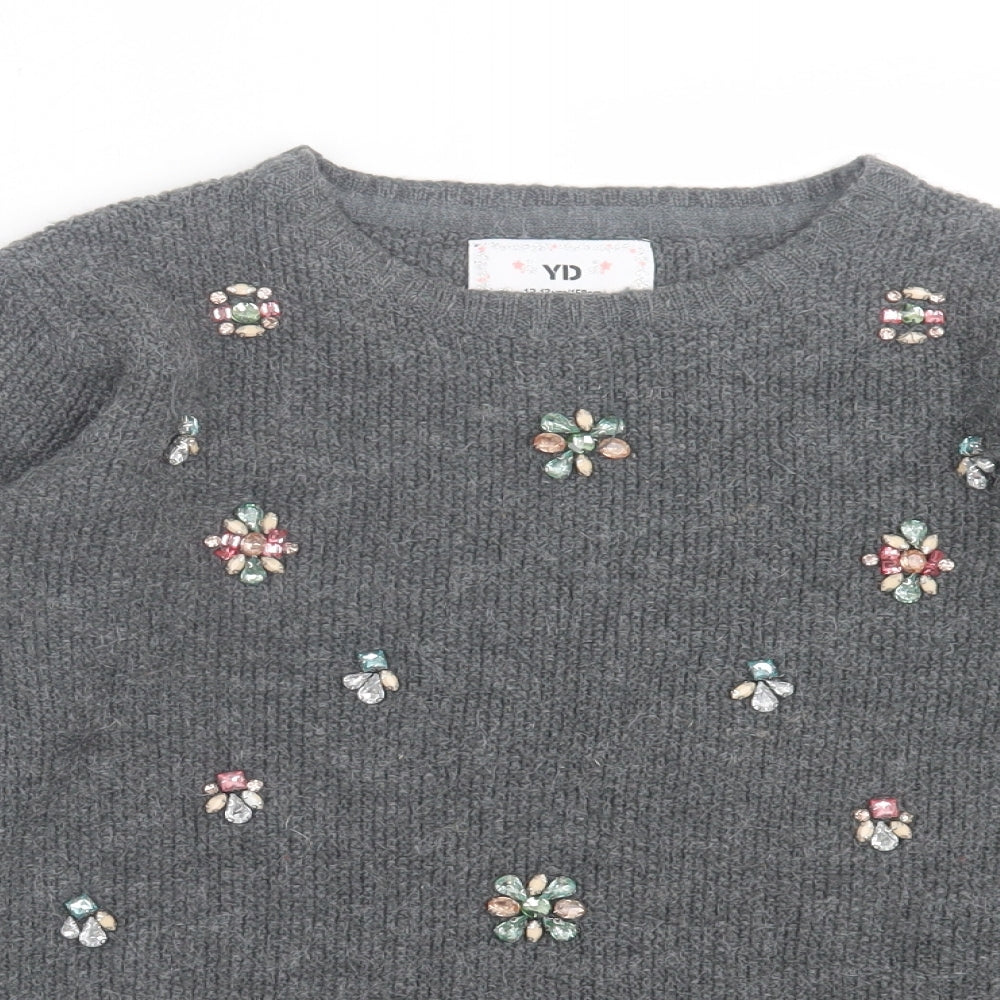 Primark Girls Grey Crew Neck Floral Acrylic Pullover Jumper Size 12-13 Years  Pullover