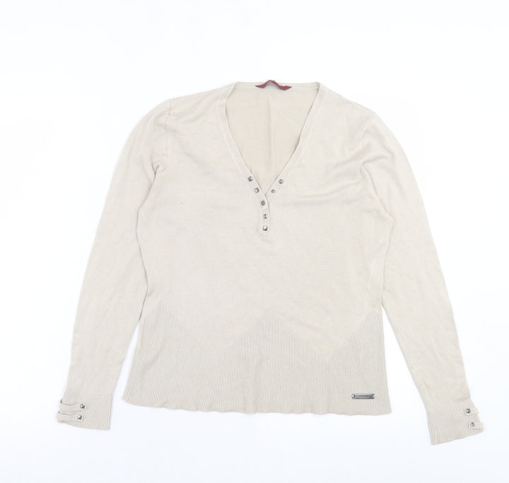 John Richmond Womens Ivory V-Neck Viscose Pullover Jumper Size 12