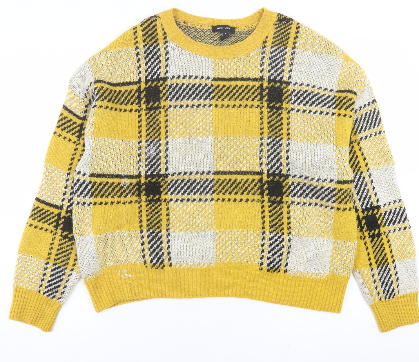 New Look Womens Yellow Crew Neck Plaid Acrylic Pullover Jumper Size M