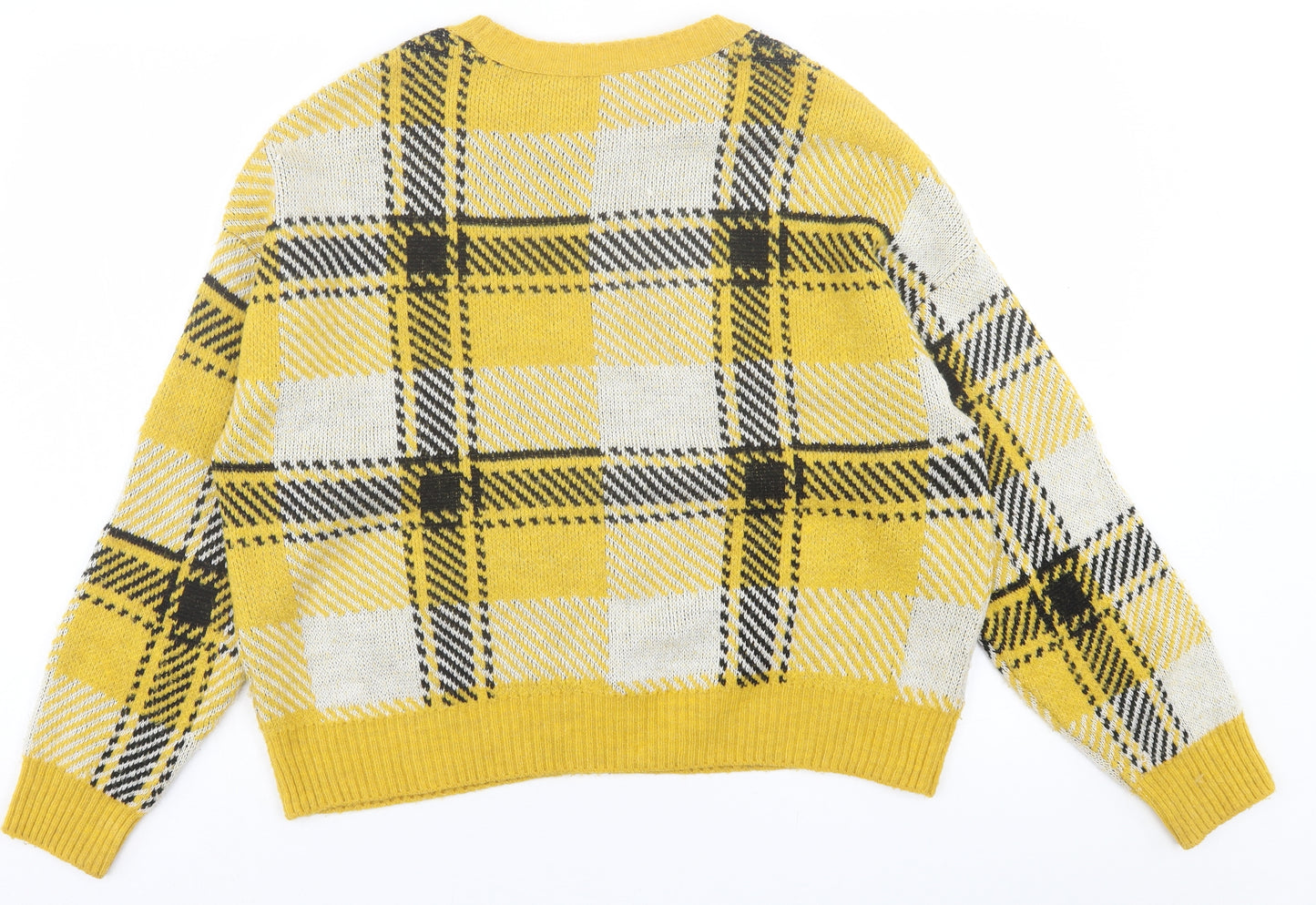 New Look Womens Yellow Crew Neck Plaid Acrylic Pullover Jumper Size M