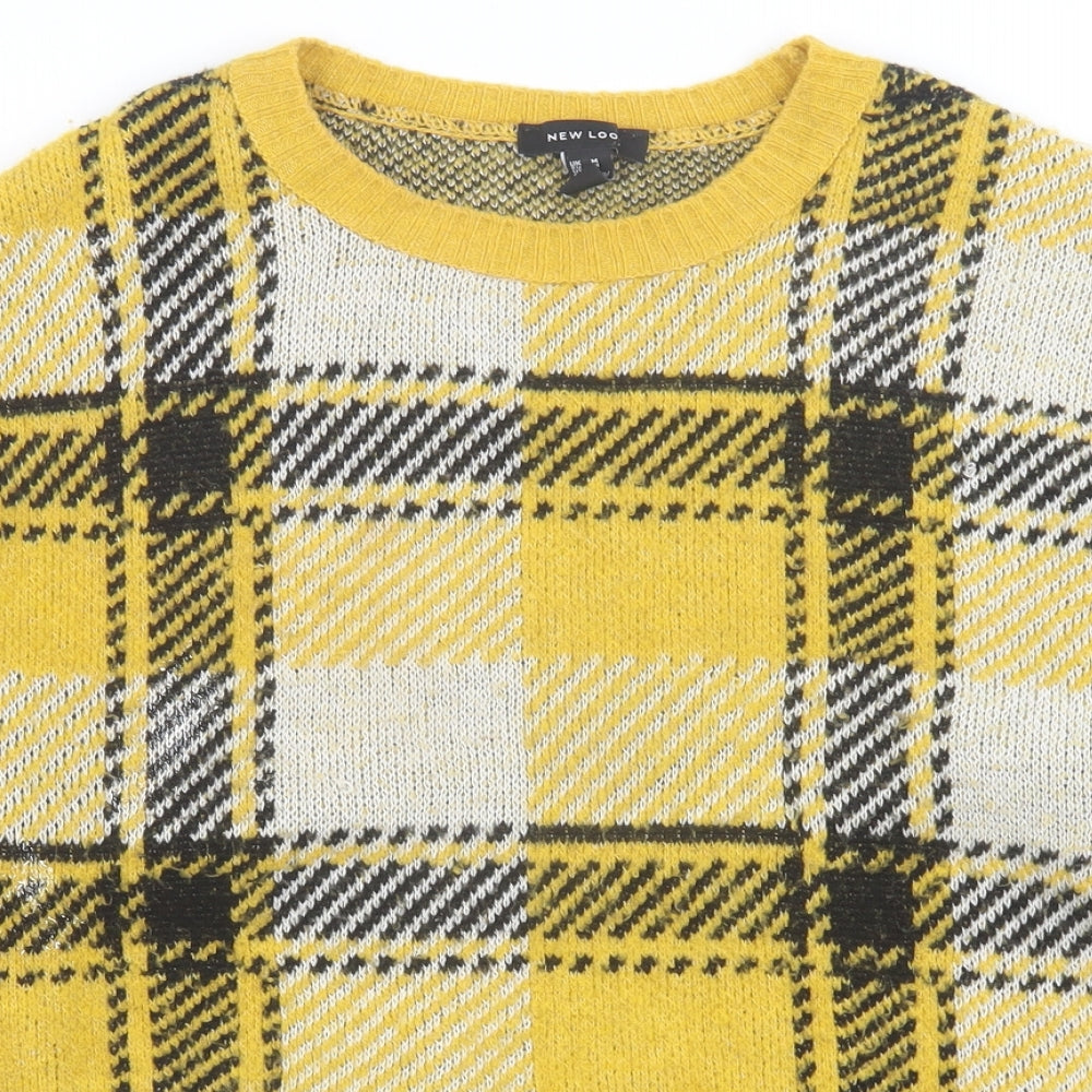 New Look Womens Yellow Crew Neck Plaid Acrylic Pullover Jumper Size M