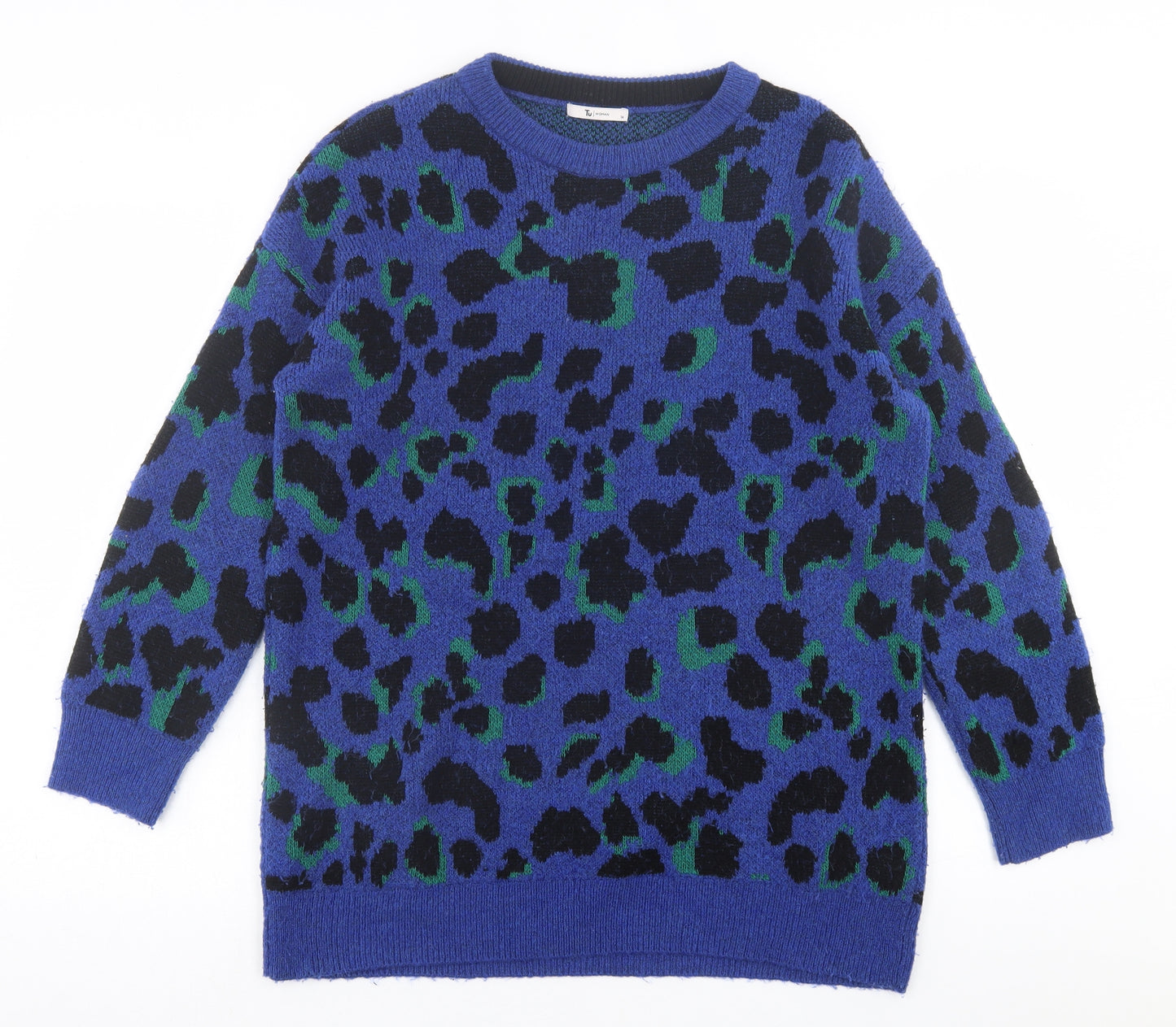 TU Womens Blue Crew Neck Animal Print Acrylic Pullover Jumper Size 14