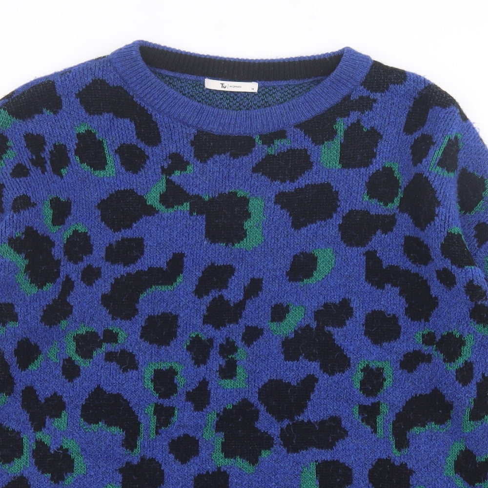 TU Womens Blue Crew Neck Animal Print Acrylic Pullover Jumper Size 14