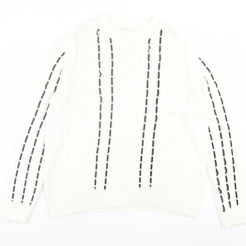 Papaya Womens White Crew Neck Geometric Acrylic Pullover Jumper Size M