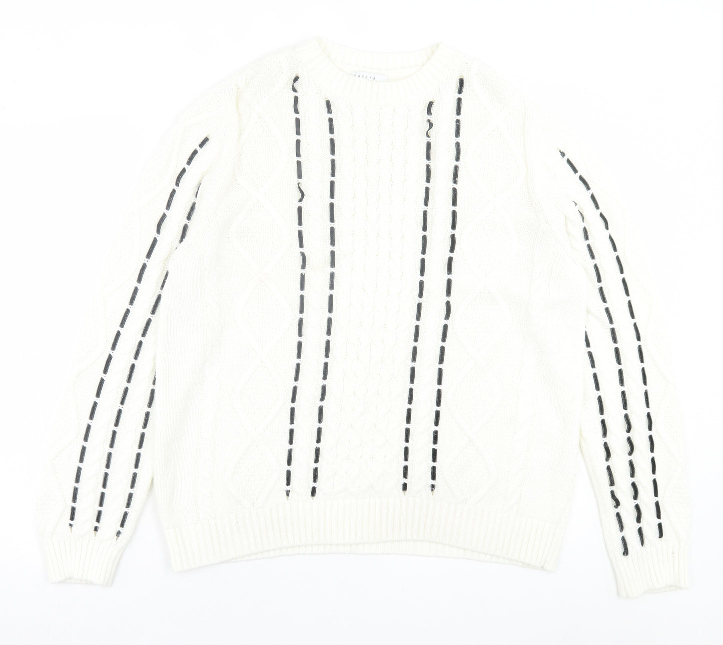 Papaya Womens White Crew Neck Geometric Acrylic Pullover Jumper Size M