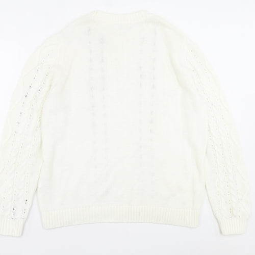 Papaya Womens White Crew Neck Geometric Acrylic Pullover Jumper Size M