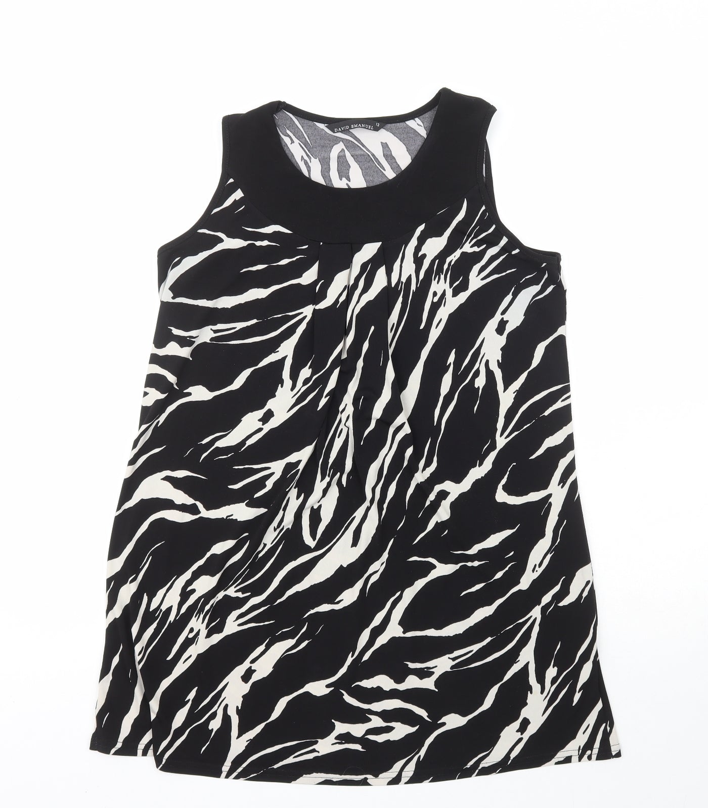 David Emanuel  Womens Black Animal Print Polyester Basic Tank Size 12 Crew Neck